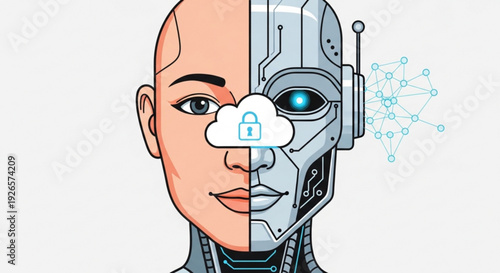 Human and robot face with cloud and lock symbol on nose representing ai and data security concept