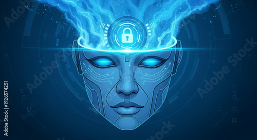 Futuristic blue humanoid face with glowing eyes and a digital lock on forehead surrounded by neon blue flames symbolizing advanced technology and secure identity