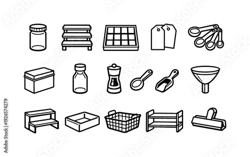 Home spice organization items: spice jar, spice rack, drawer insert, label tag, measuring spoon, storage tin, glass bottle, grinder mill, scoop spoon