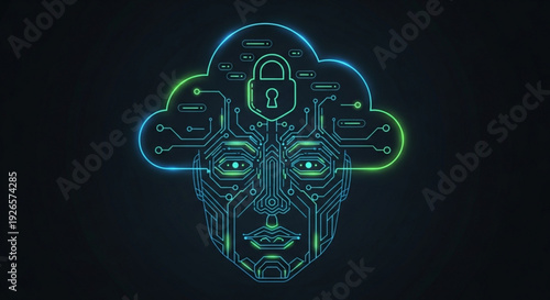 Neon lit circuit board face with cloud and lock symbol representing ai security and technology