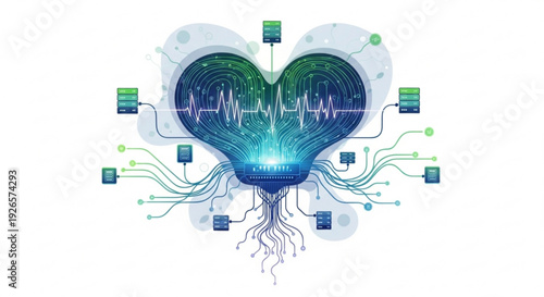 Heart with circuit board and wires symbolizing love and technology connection digital illustration