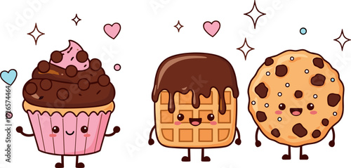Cute dessert characters collection, cupcake waffle and cookie cartoon vector illustration isolated on white background for kids design