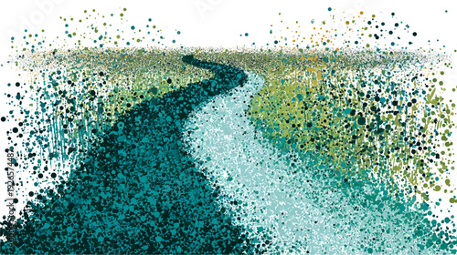 Abstract landscape with a winding teal river and dotted meadow. Points and splashes. White sky