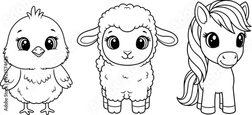 Cute farm animal outline coloring page, chick lamb pony cartoon characters, kids coloring book vector illustration isolated white background