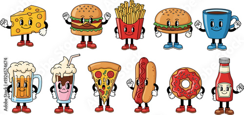 Cute fast food cartoon characters collection, burger fries pizza coffee beer mascot vector illustration isolated design set for restaurant menu