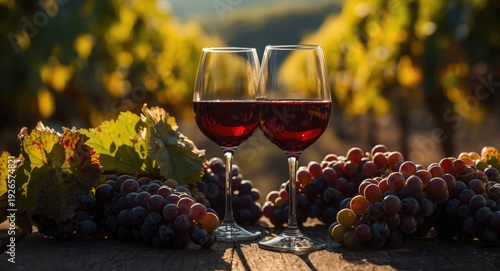 Wallpaper Mural Two glasses of red wine surrounded by ripe grape bunches in a warm summer vineyard Torontodigital.ca