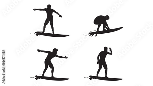 Surfer silhouette set with four male surfers on surfboards in different poses, standing, balancing, crouching and waving, isolated black icons on white