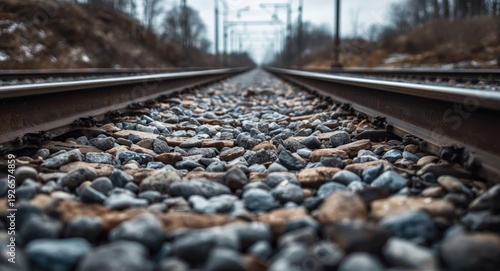 Wallpaper Mural Train track foundation with ballast stones in industrial setting Torontodigital.ca