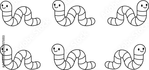 Cute worm cartoon collection, outline earthworm characters vector illustration isolated on white background for coloring and kids design