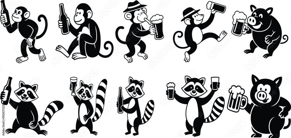 Obraz premium Playful cartoon animals holding beer mugs and bottles, featuring monkeys, pigs, and raccoons in humorous festive poses with creative party celebration design