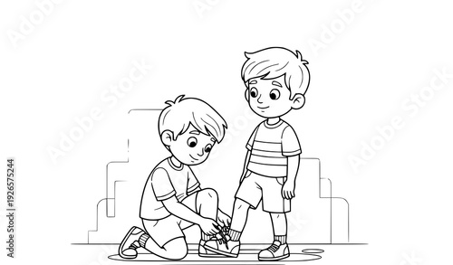 Childhood friendship shoelace coloring page vector art