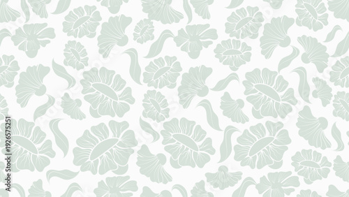 Seamless floral pattern with stylized mint green flowers and flowing leaves on a light background, flat vector design for wallpaper, textile prints, wrapping paper, and modern decor.