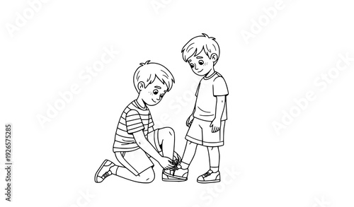 Boy tying shoelace friendship kindness line art vector