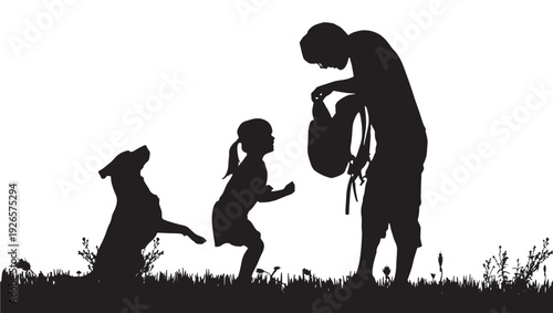Silhouette family outdoors with father giving backpack to child while dog jumps, black cutout figures on grass, concept of parenting, travel, camping, and care