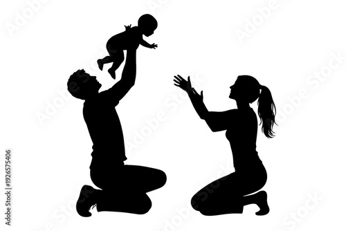 Silhouette of family playtime with father, mother, and baby on white background.