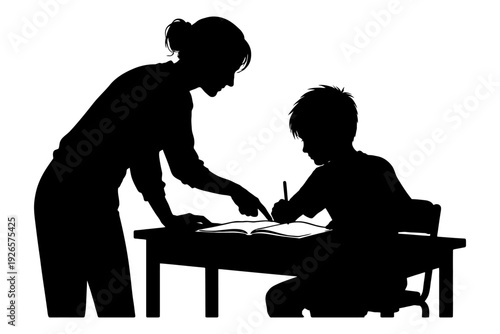 Silhouette of adult and child learning together at desk.