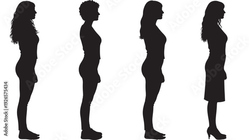 Women silhouette set of four female side profiles standing in different outfits and hairstyles, black cutout figures isolated on white background for design use