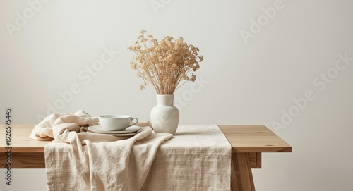 Minimalist Scandinavian home interior with linen table and coffee flowers for morning meal