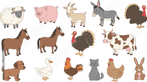 Farm animals cartoon collection, domestic livestock and pet characters vector illustration isolated on white background for kids design