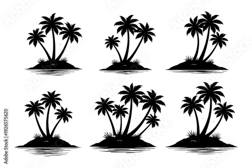 Six silhouette tropical islands with palm trees in various arrangements.
