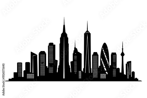 Silhouette of iconic city skyline featuring global landmarks.