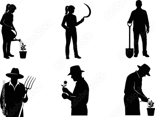 Gardener silhouettes collection, farmer planting watering digging vector illustration isolated design set for agriculture gardening profession theme