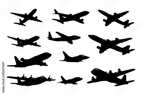 Silhouettes of diverse airplanes in various flying positions.