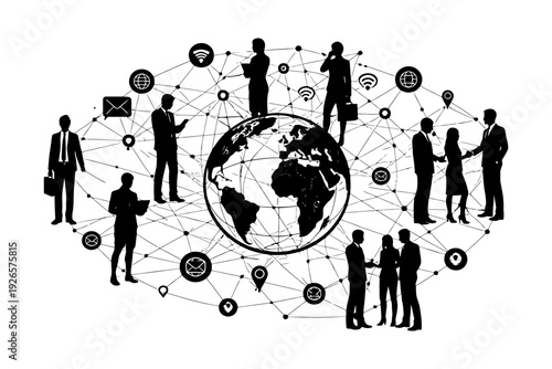 Global business network concept with silhouetted professionals and digital connections.
