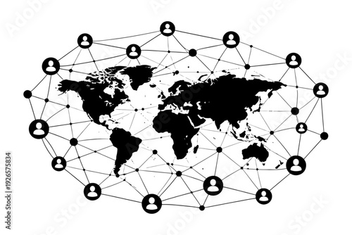 Global network connection with user icons on world map.