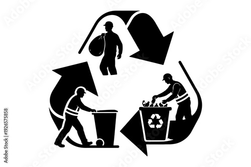 Male workers recycling symbol: waste management and environmental conservation.