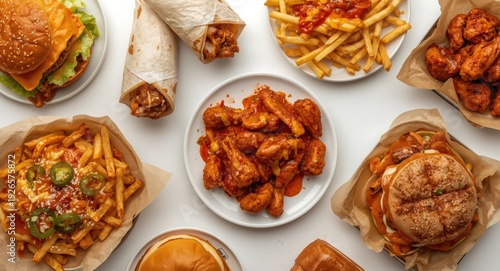 Wallpaper Mural Delectable fast food spread including classic burgers wraps wings fries nachos and fried chicken on white background for menu inspiration Torontodigital.ca