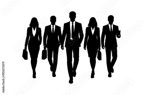 Silhouettes of business professionals walking together in formal attire.