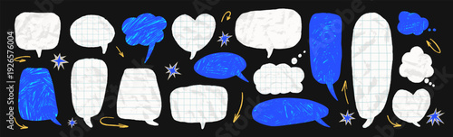 Paper cutout notebook chat bubbles. Crayon speech dialogue shapes bring comic talk effects with wrinkled paper textures. Vector blue and grid, ruled callouts for promo design set isolated on black bg.