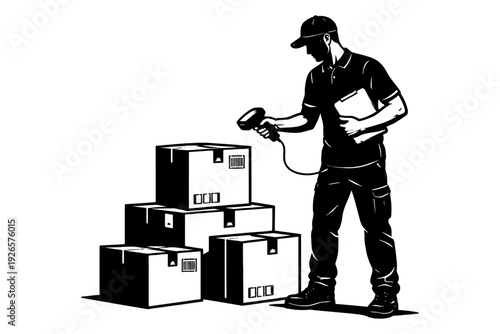Male courier scanning packages: delivery worker with clipboard and barcode scanner.