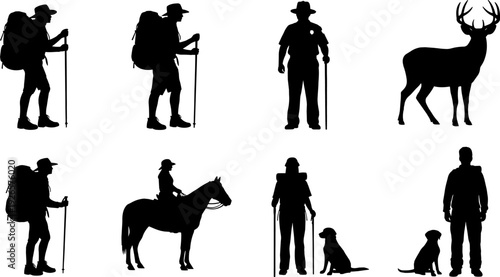 Hiker silhouette set, ranger hunter wildlife collection, outdoor adventure vector illustration, black silhouette design pack collection