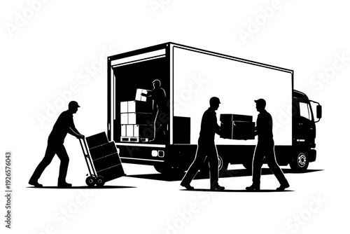 Silhouette of workers loading and unloading a truck with boxes.