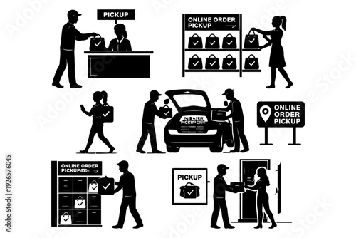 Online order pickup icons set with diverse styles and actions.