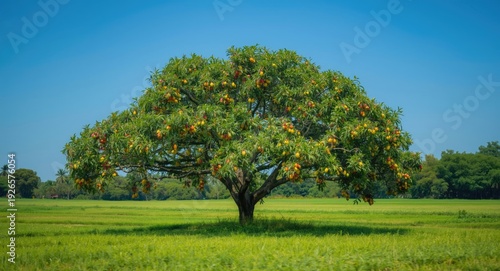 A fruitful mango tree covered with ripe mangoes in the middle of a vast green field
