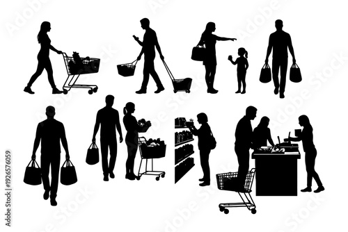 Silhouette of people shopping: families and individuals with carts and bags.