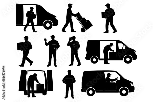Silhouettes of delivery workers with vans and packages.