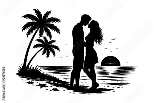 Romantic silhouette of couple on beach at sunset: young caucasian male and female embrace.