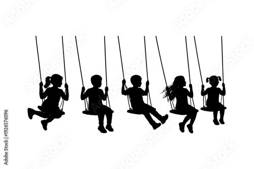 Silhouette of diverse children swinging in motion on white background.
