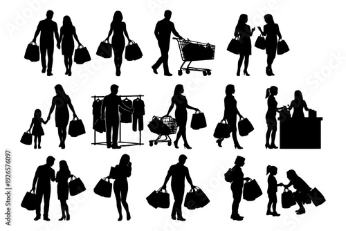 Silhouette figures shopping: men, women, children, activities, interaction.