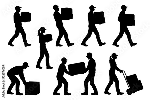 Silhouette illustrations of delivery workers handling boxes.