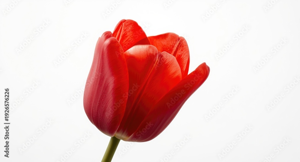 Obraz premium Bold scarlet tulip bloom against a clean white background suited to Easter or Valentine wishes