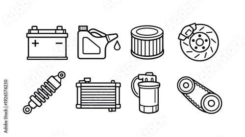 Car repair parts: car battery, oil can, air filter, brake disc, shock absorber, radiator, fuel pump, timing belt