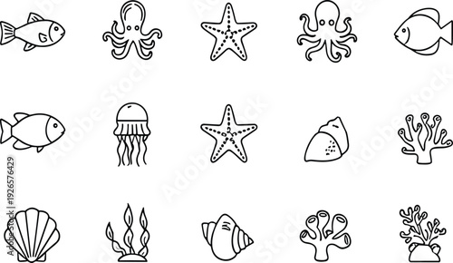 Marine Life Line Icons Set with Fish Octopus Starfish Jellyfish Shell Coral and Seaweed Outline Vector Collection