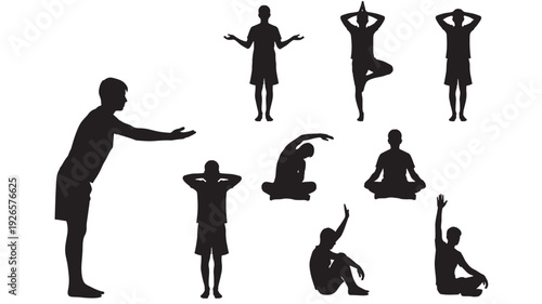 People yoga set with various poses and black silhouettes exercising together featuring fitness, meditation, mindfulness with relaxation and wellness elements for health, group projects, clean