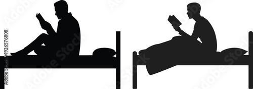 Silhouette of people reading books on beds, sitting and reclining positions with pillows and blankets, educational leisure vector illustration artwork