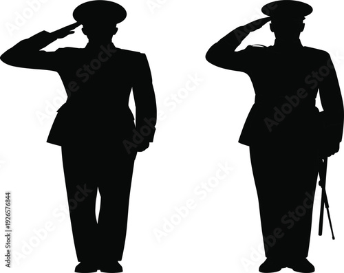 Silhouette of military personnel saluting in uniform with sword, respectful army figures illustration, discipline and tradition vector artwork isolated